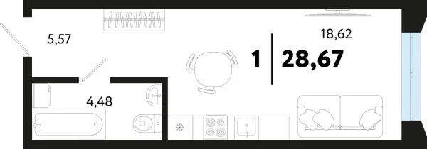Новая квартира-студия
 28.67 м² на 1/16 этаже в ЖК «Кедровый берег» в городе Тюмень 