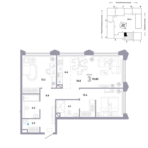 Новая 3-к квартира
 70.8 м² на 26/30 этаже в ЖК «Страна.Озёрная» в городе Тюмень 