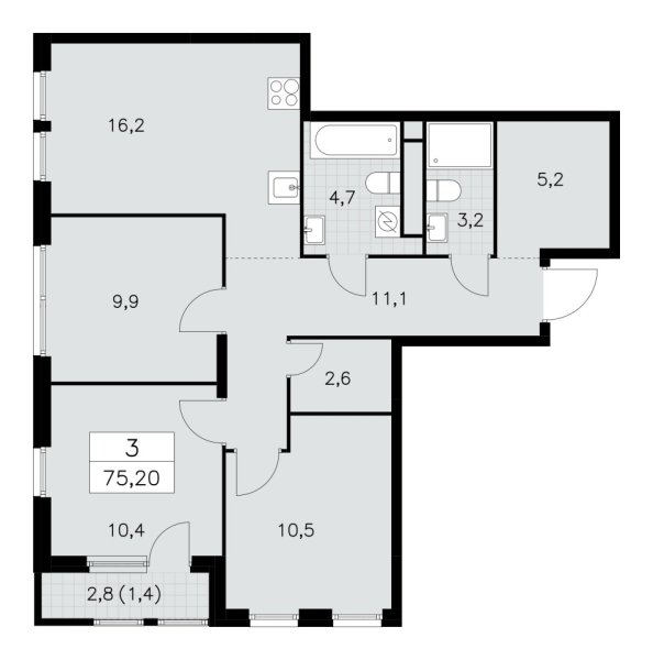 Новая 3-к квартира
 75.2 м² на 23/30 этаже в ЖК «Южные сады» в городе Тюмень 