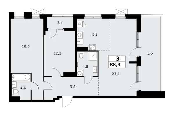 Новая 3-к квартира
 88.3 м² на 18/19 этаже в ЖК «Прокшино» в городе Тюмень 