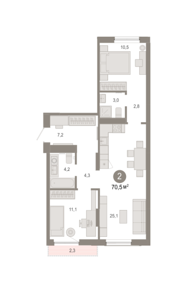 Новая 2-к квартира
 70.46 м² на 6/7 этаже в ЖК «Октябрьский на Туре» в городе Тюмень 