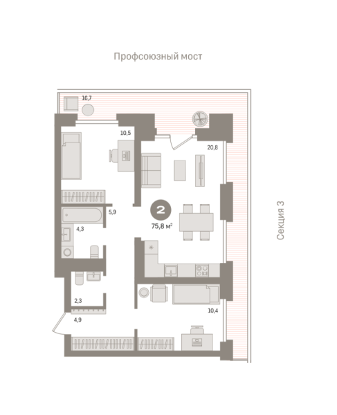 Новая 2-к квартира
 75.8 м² на 5/9 этаже в ЖК «Речной порт» в городе Тюмень 