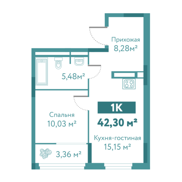 Новая 1-к квартира
 42.3 м² на 5/10 этаже в ЖК «Акватория» в городе Тюмень 