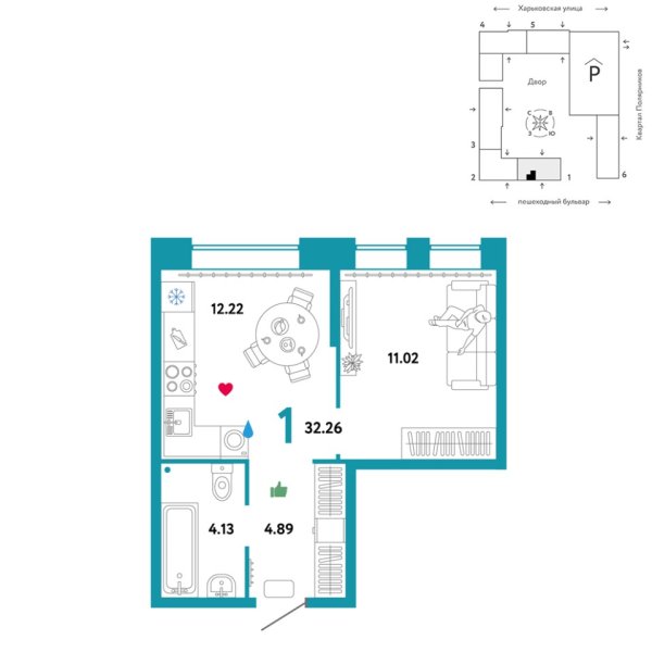 Новая 1-к квартира
 32.26 м² на 4/25 этаже в ЖК «Сердце Сибири» в городе Тюмень 