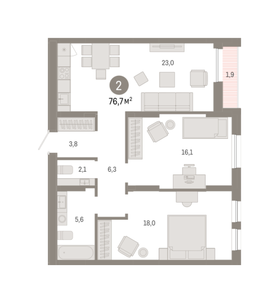 Новая 2-к квартира
 76.74 м² на 12/17 этаже в ЖК «Республики 205» в городе Тюмень 