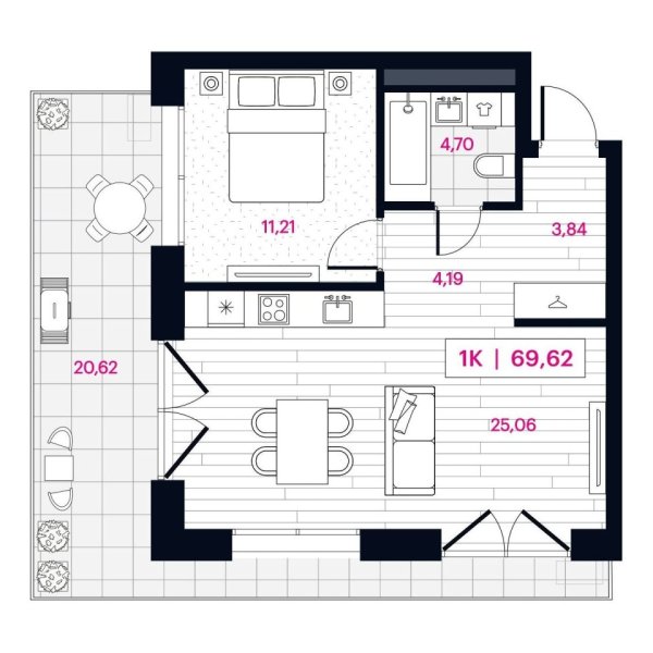 Новая 1-к квартира
 69.62 м² на 2/16 этаже в ЖК «Пушкина» в городе Тюмень 