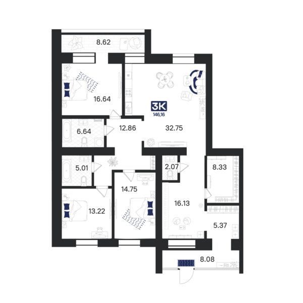 Новая 3-к квартира
 134.6 м² на 1/9 этаже в ЖК «Ария» в городе Тюмень 