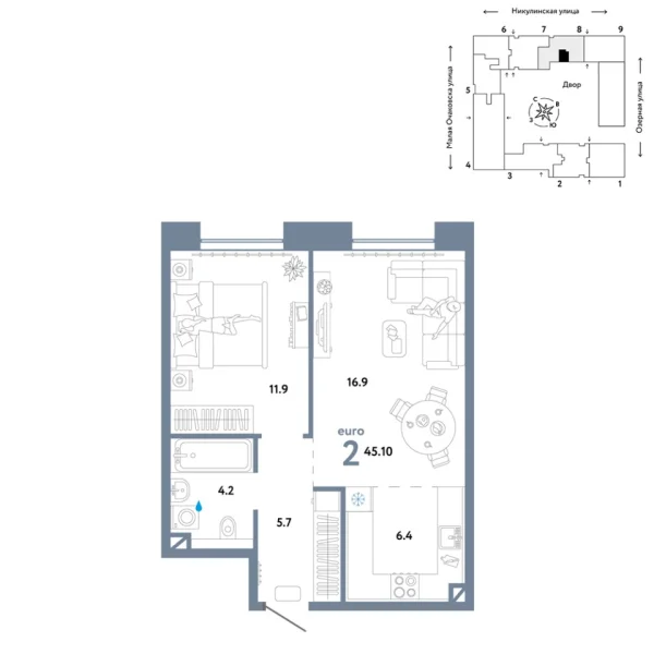 Новая 2-к квартира
 45.1 м² на 7/30 этаже в ЖК «Страна.Озёрная» в городе Тюмень 