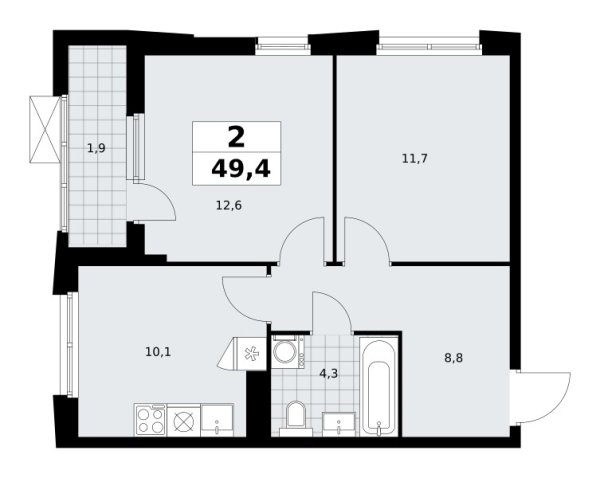 Новая 2-к квартира
 49.4 м² на 22/23 этаже в ЖК «Дзен-кварталы» в городе Тюмень 