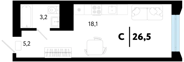 Новая квартира-студия
 26.53 м² на 23/25 этаже в ЖК «Кедровый берег» в городе Тюмень 