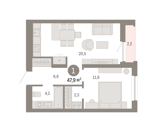Новая 1-к квартира
 47.93 м² на 6/16 этаже в ЖК «Южные кварталы» в городе Тюмень 