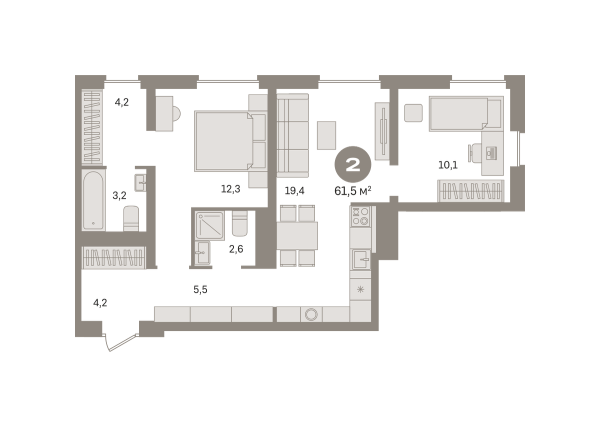 Новая 2-к квартира
 61.48 м² на 2/8 этаже в ЖК «Северный квартал» в городе Тюмень 