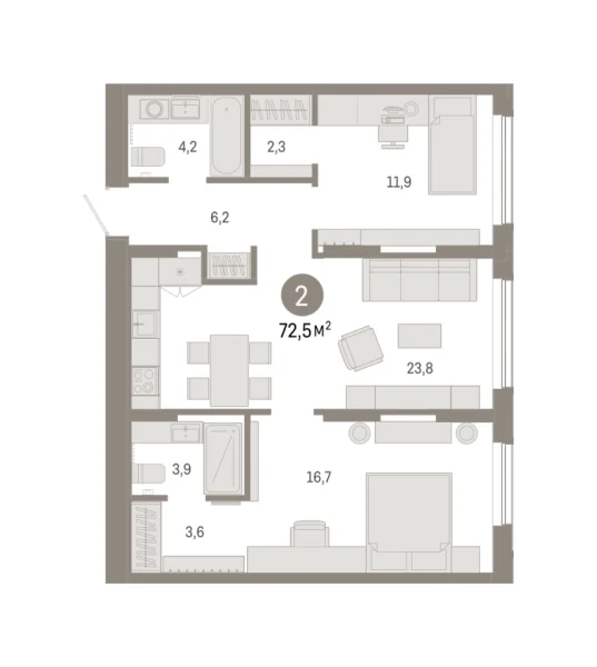 Новая 2-к квартира
 72.54 м² на 2/17 этаже в ЖК «Октябрьский на Туре» в городе Тюмень 