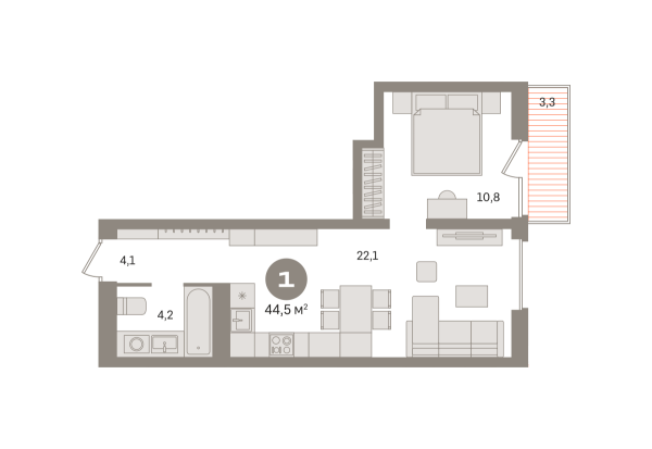 Новая 1-к квартира
 44.47 м² на 5/8 этаже в ЖК «Северный квартал» в городе Тюмень 