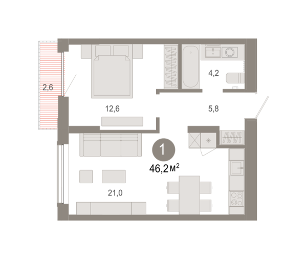 Новая 1-к квартира
 46.22 м² на 8/17 этаже в ЖК «Октябрьский на Туре» в городе Тюмень 