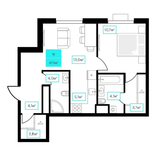 Новая 1-к квартира
 47.5 м² на 11/23 этаже в ЖК «Futuro» в городе Тюмень 