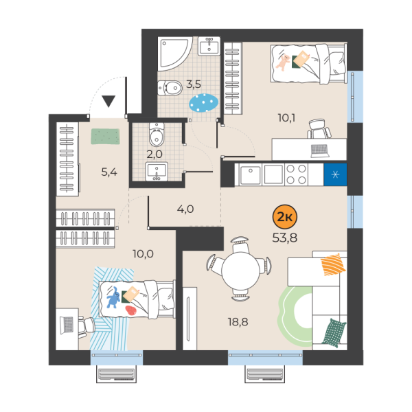 Новая 2-к квартира
 53.8 м² на 25/25 этаже в ЖК «Корней» в городе Тюмень 