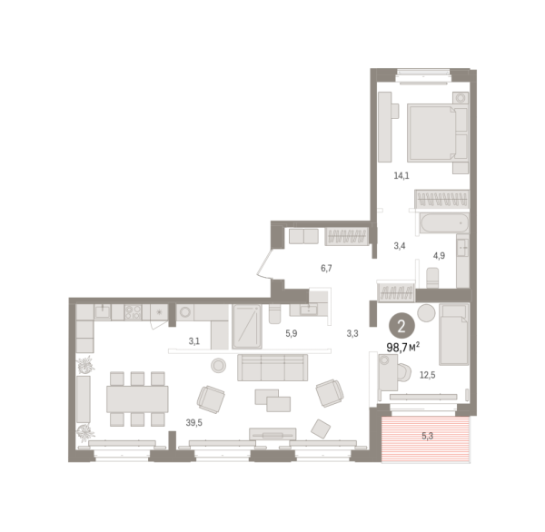 Новая 2-к квартира
 98.71 м² на 7/8 этаже в ЖК «Кварталы «На Минской»» в городе Тюмень 