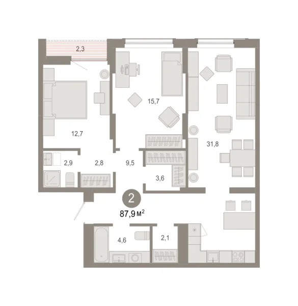 Новая 2-к квартира
 87.86 м² на 9/17 этаже в ЖК «Октябрьский на Туре» в городе Тюмень 