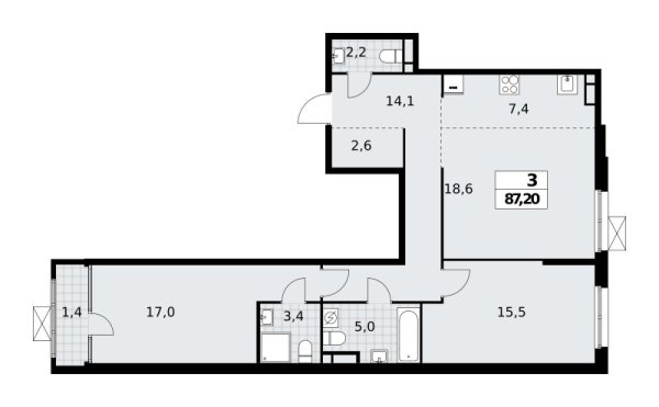 Новая 3-к квартира
 87.2 м² на 13/16 этаже в ЖК «Дом на Зорге» в городе Тюмень 