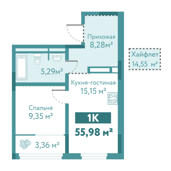 Новая 1-к квартира
 55.98 м² на 10/10 этаже в ЖК «Акватория» в городе Тюмень 