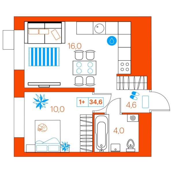 Новая 1-к квартира
 34.6 м² на 17/22 этаже в ЖК «SuperSky» в городе Тюмень 