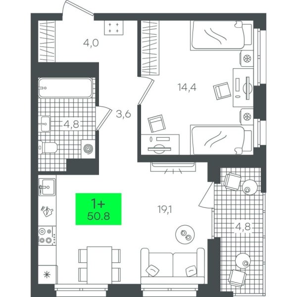 Новая 1-к квартира
 50.87 м² на 12/22 этаже в ЖК «Гранд Квартал» в городе Тюмень 