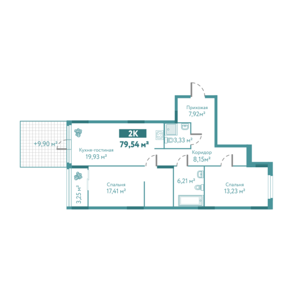 Новая 2-к квартира
 79.54 м² на 1/10 этаже в ЖК «Акватория» в городе Тюмень 