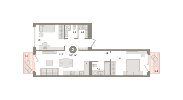 Новая 2-к квартира
 74.1 м² на 3/6 этаже в ЖК «Дом «А»» в городе Тюмень 