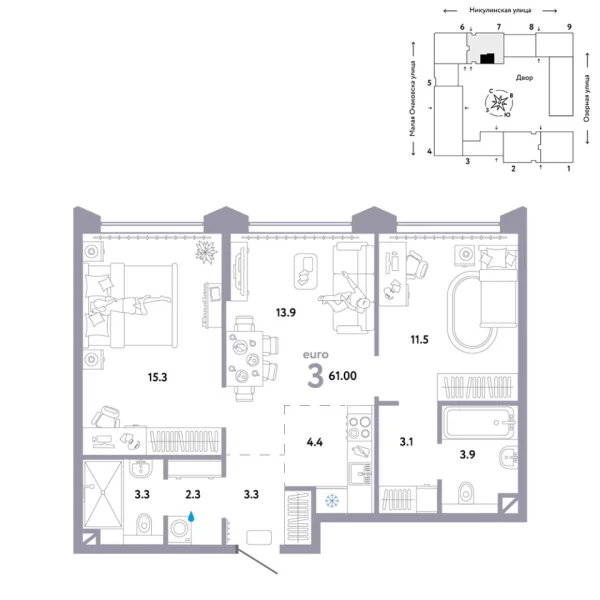 Новая 3-к квартира
 61 м² на 27/30 этаже в ЖК «Страна.Озёрная» в городе Тюмень 