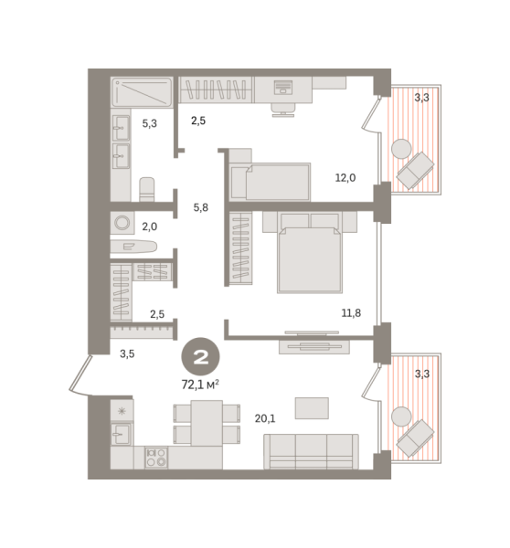 Новая 2-к квартира
 72.1 м² на 4/6 этаже в ЖК «Дом «А»» в городе Тюмень 