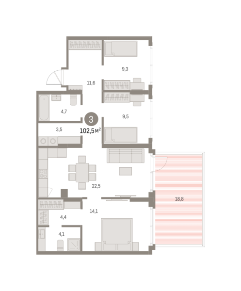 Новая 3-к квартира
 102.46 м² на 1/9 этаже в ЖК «Брусника в Академическом» в городе Тюмень 
