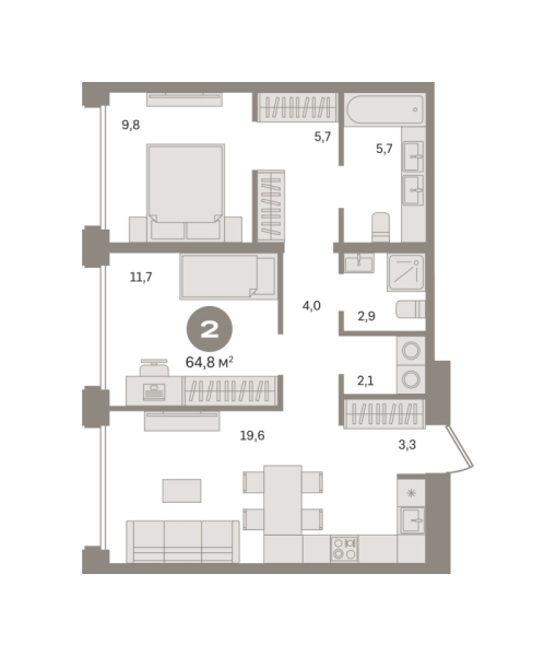 Новая 2-к квартира
 64.8 м² на 2/7 этаже в ЖК «Дом «А»» в городе Тюмень 