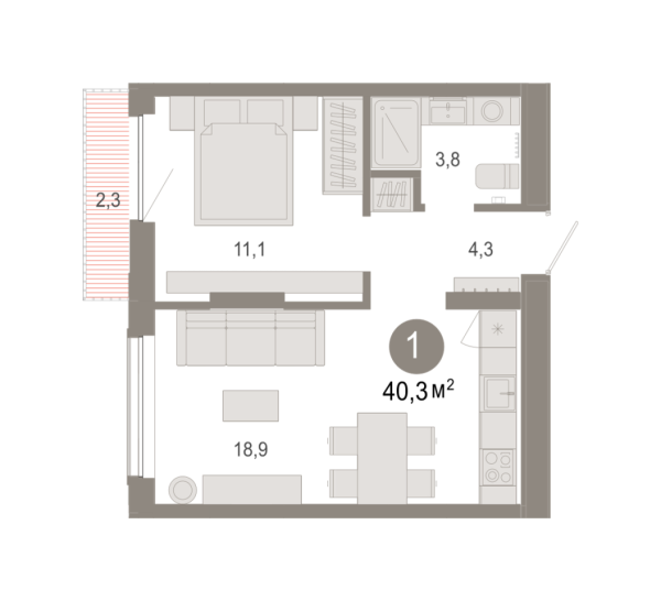Новая 1-к квартира
 40.29 м² на 4/7 этаже в ЖК «Октябрьский на Туре» в городе Тюмень 