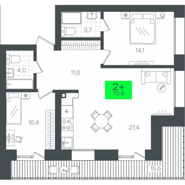 Новая 2-к квартира
 86.5 м² на 7/8 этаже в ЖК «Гранд Квартал» в городе Тюмень 