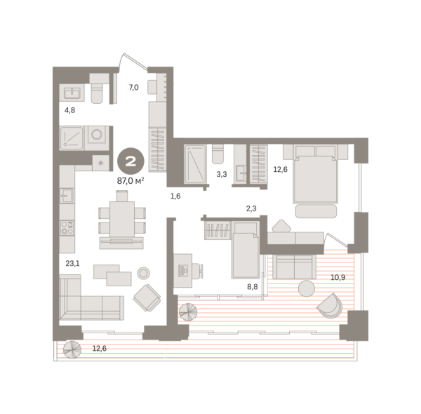 Новая 2-к квартира
 86.99 м² на 11/27 этаже в ЖК «Квартал «МОНС»» в городе Тюмень 