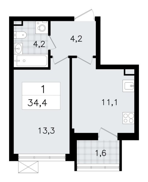 Новая 1-к квартира
 34.4 м² на 3/7 этаже в ЖК «А101 Всеволожск» в городе Тюмень 