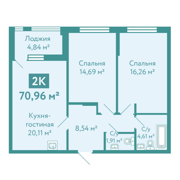 Новая 2-к квартира
 70.96 м² на 2/10 этаже в ЖК «Акватория» в городе Тюмень 