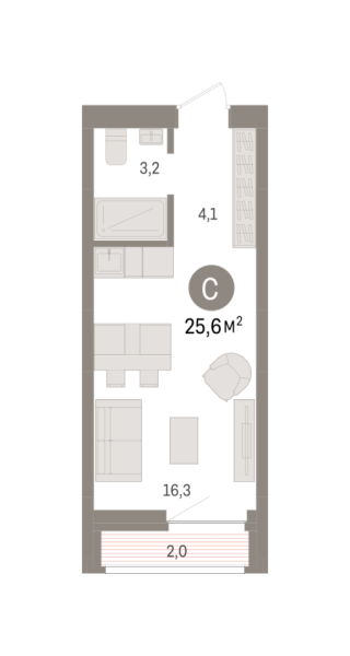Новая квартира-студия
 25.6 м² на 3/8 этаже в ЖК «Речной порт» в городе Тюмень 