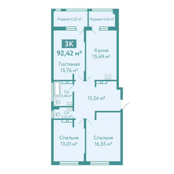 Новая 3-к квартира
 92.42 м² на 9/10 этаже в ЖК «Акватория» в городе Тюмень 