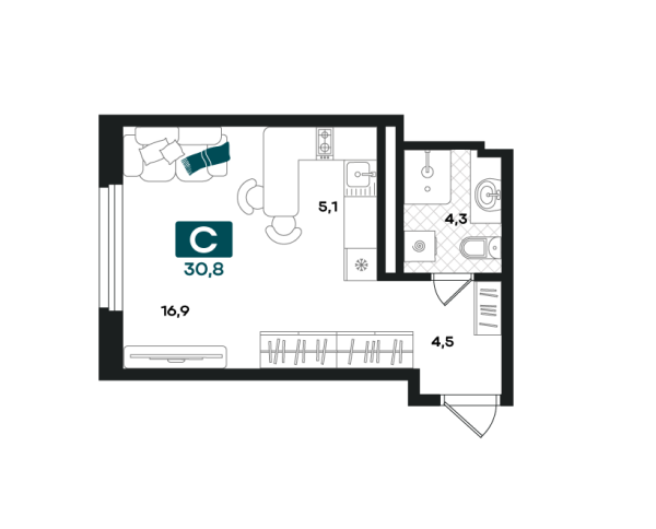 Новая квартира-студия
 30.8 м² на 16/23 этаже в ЖК «Добро» в городе Тюмень 