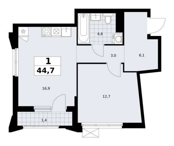 Новая 1-к квартира
 44.7 м² на 13/16 этаже в ЖК «Деснаречье» в городе Тюмень 
