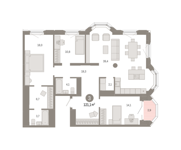Новая 3-к квартира
 121.1 м² на 16/24 этаже в ЖК «На Некрасова» в городе Тюмень 