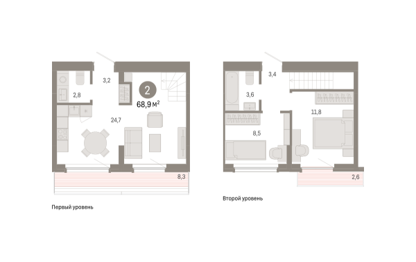 Новая 2-к квартира
 68.89 м² на 8/9 этаже в ЖК «Брусника в Академическом» в городе Тюмень 