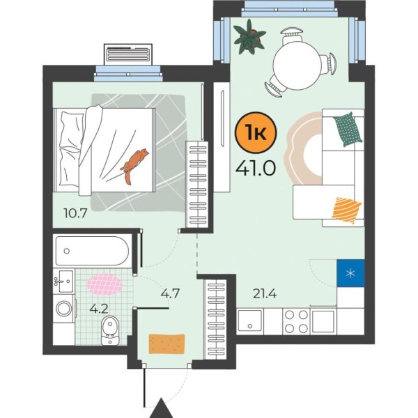Новая 1-к квартира
 41 м² на 4/25 этаже в ЖК «Корней» в городе Тюмень 