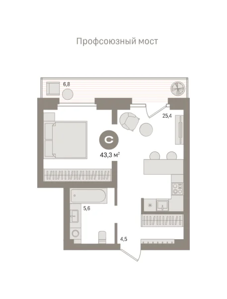 Новая 1-к квартира
 43.3 м² на 4/9 этаже в ЖК «Речной порт» в городе Тюмень 