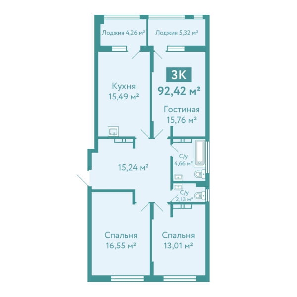Новая 3-к квартира
 92.42 м² на 9/10 этаже в ЖК «Акватория» в городе Тюмень 