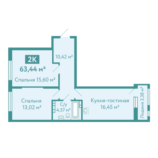 Новая 2-к квартира
 63.44 м² на 3/10 этаже в ЖК «Акватория» в городе Тюмень 