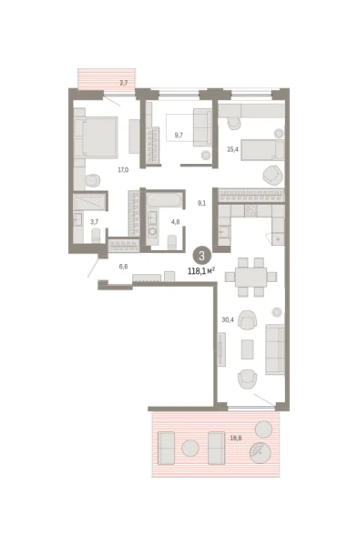 Новая 3-к квартира
 118.09 м² на 2/9 этаже в ЖК «Южные кварталы» в городе Тюмень 