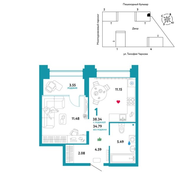 Новая 1-к квартира
 38.34 м² на 30/31 этаже в ЖК «Звёздный» в городе Тюмень 